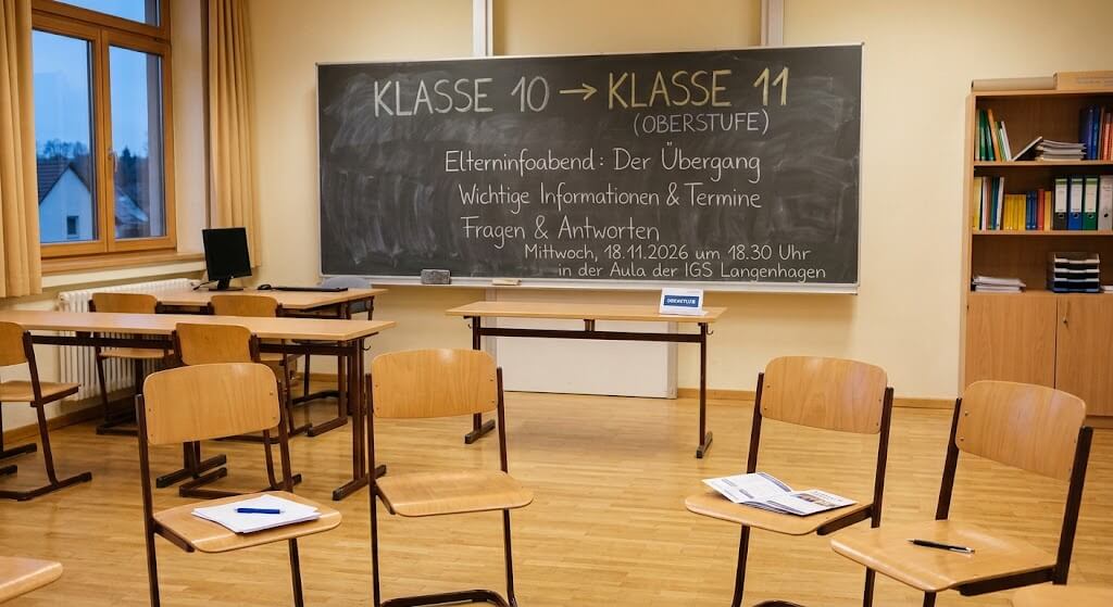 Ein leeres Klassenzimmer mit vorbereiteten Stühlen. Auf der großen Kreidetafel im Hintergrund steht die Ankündigung: ‚Klasse 10 -> Klasse 11 (Oberstufe) – Elterninfoabend: Der Übergang‘ mit dem Termin für den 18.11.2026 in der Aula der IGS Langenhagen.